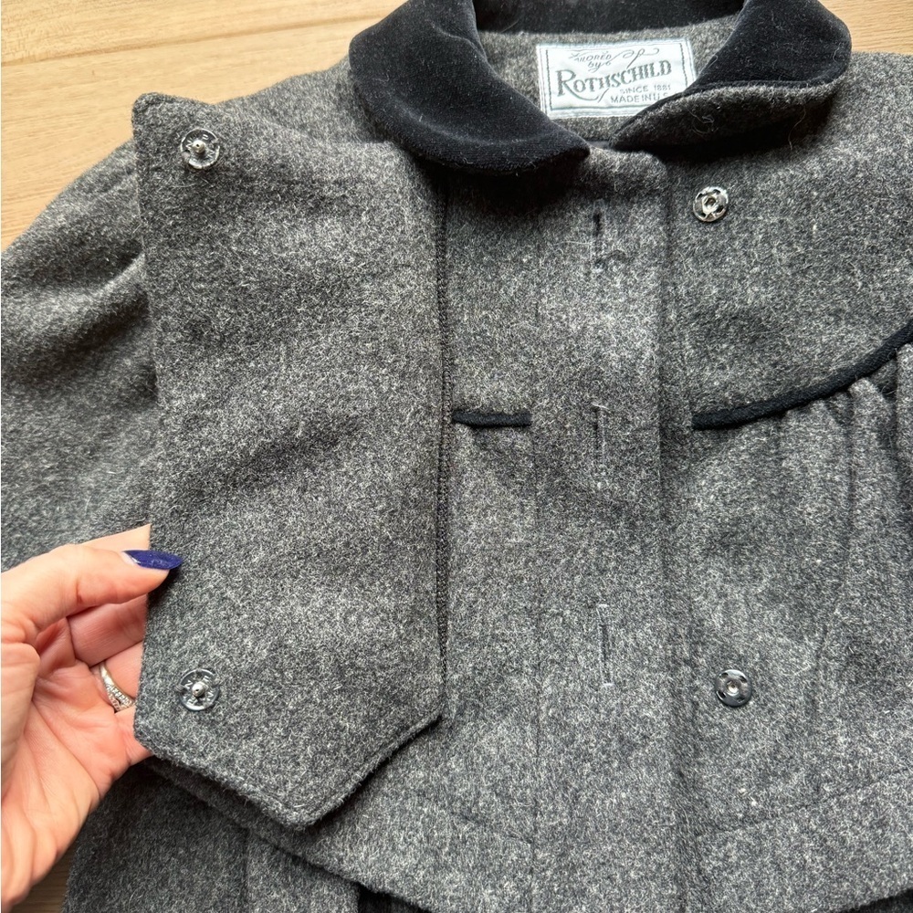 Rothschild | Vintage Gray Girl’s Wool Dress Coat Black Bow Button Up | size 4 - Picture 6 of 12